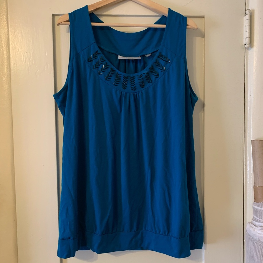 Avenue, blue waist band beaded top, 22/24